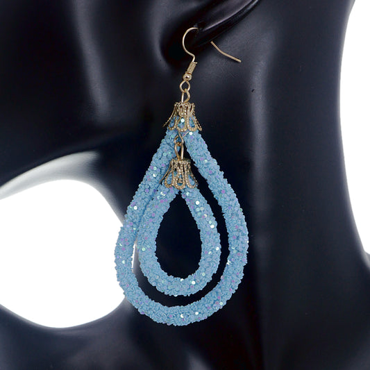 Light Blue Sequin Confetti Double Teardrop Hoop Earrings