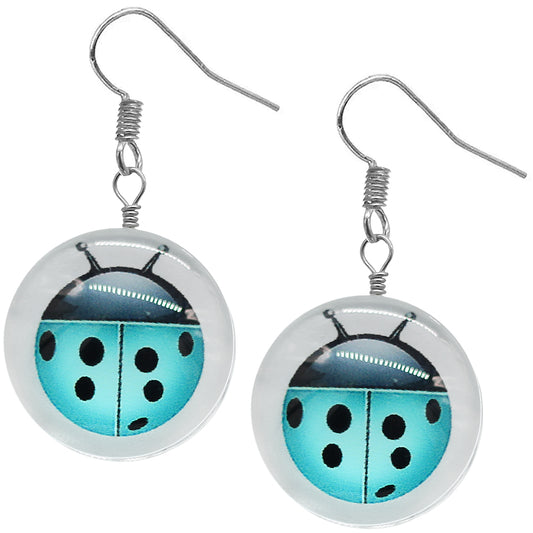 Light Blue Ladybug Dome Cabochon Mini Earrings