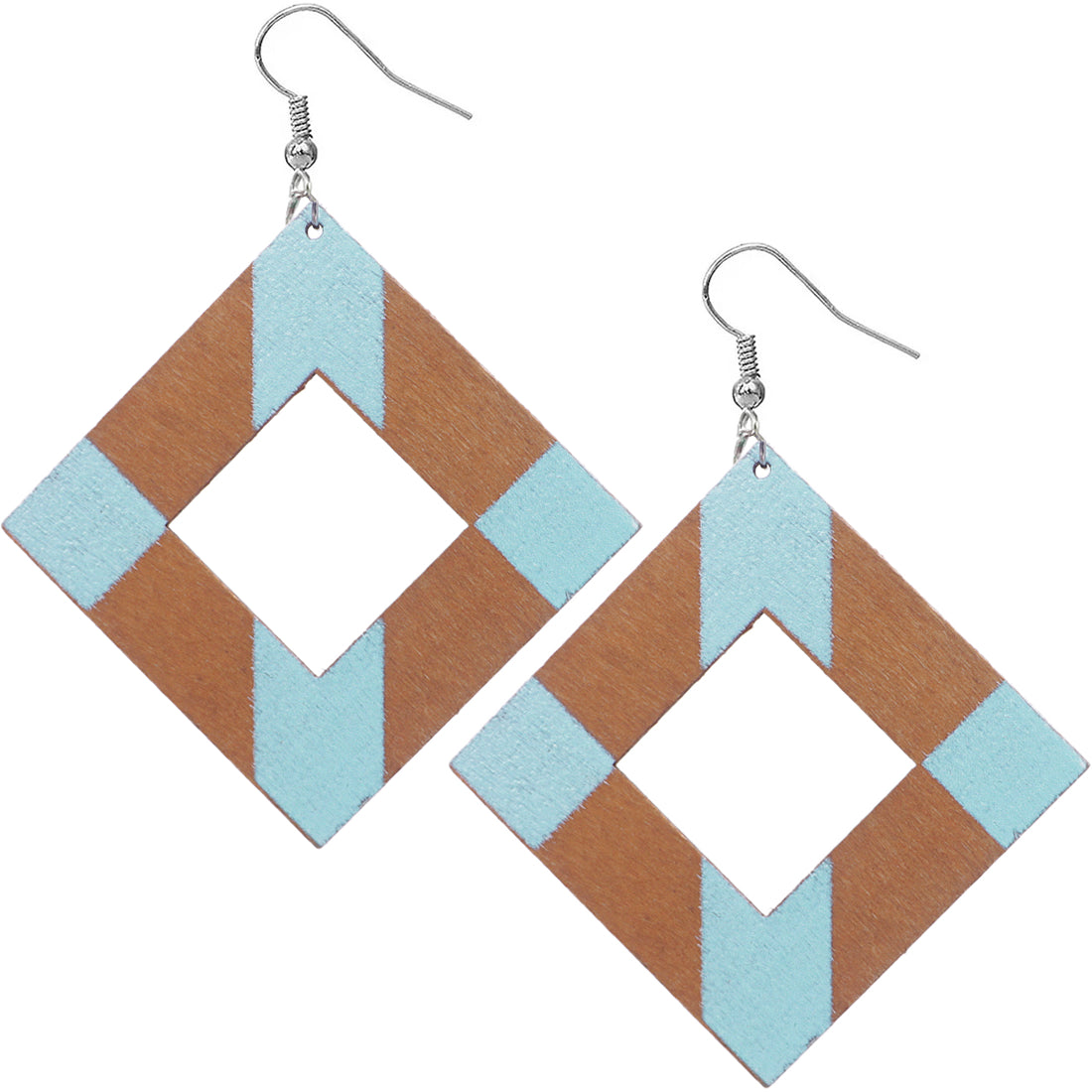 Light Blue Wooden Rhombus Shape Dangle Earrings