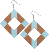 Light Blue Wooden Rhombus Shape Dangle Earrings