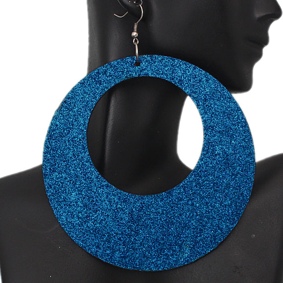 Blue Big Wooden Glitter Hoop Earrings