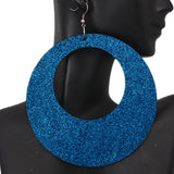Blue Big Wooden Glitter Hoop Earrings