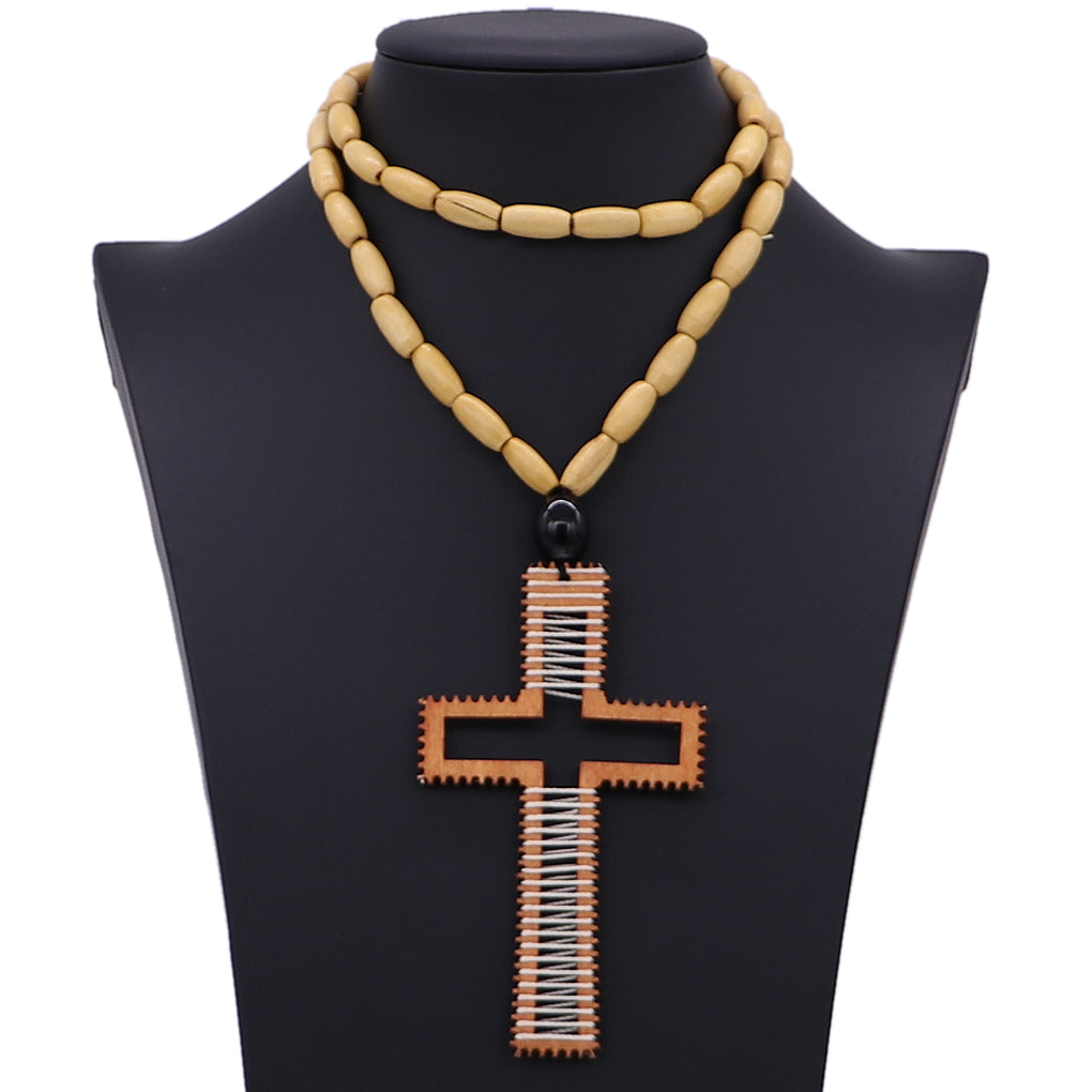Tan Beaded Woven Cross Necklace