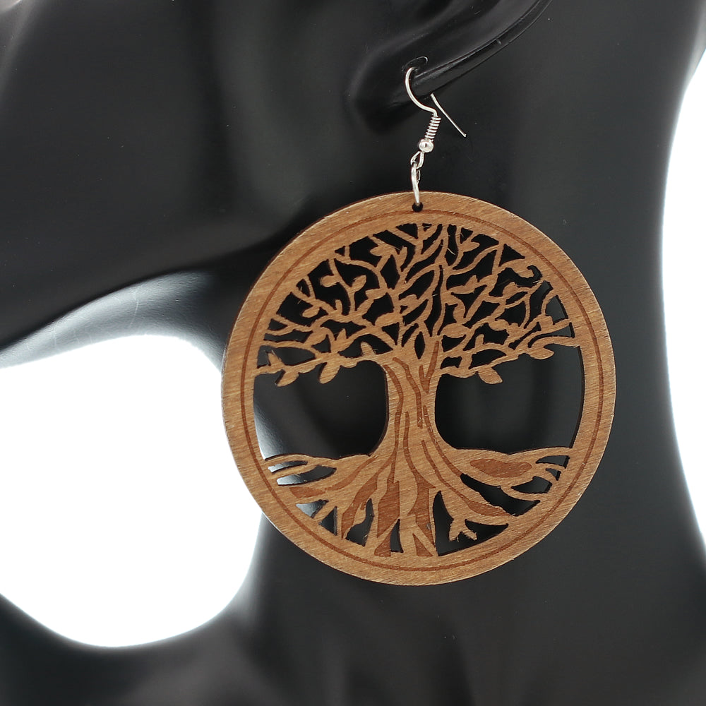 Light Brown Cutout Tree Of Life Wooden Earrings