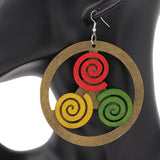 Brown Multicolor Round Swirl Wooden Earrings