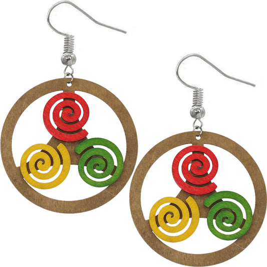 Brown Multicolor Round Swirl Wooden Earrings