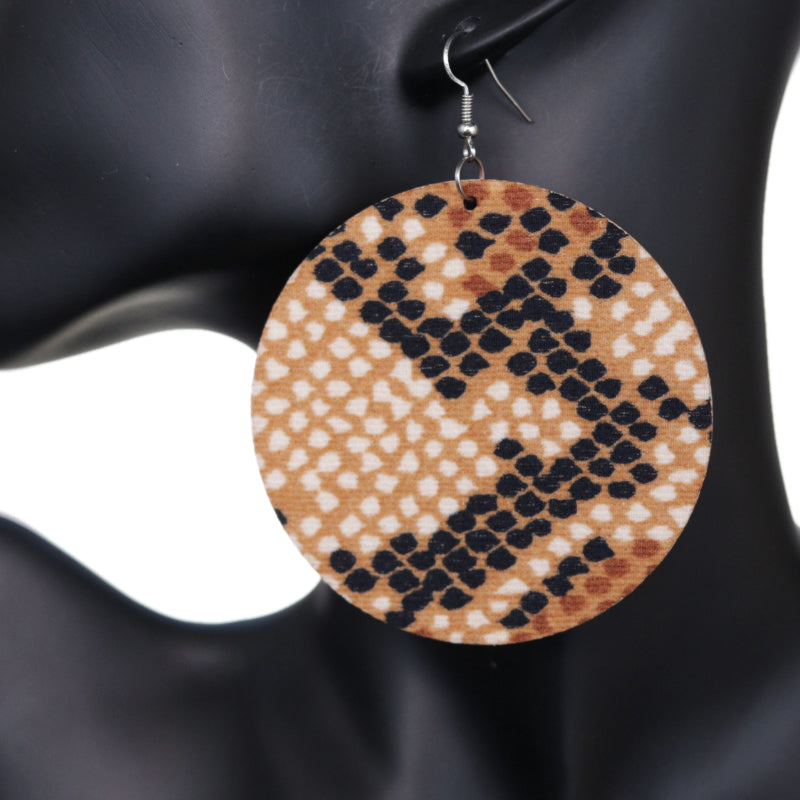 Light Brown Spotted Wooden Round Earrings