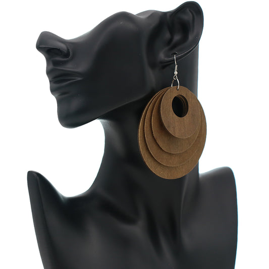 Brown Layered Wooden Dangle Earrings