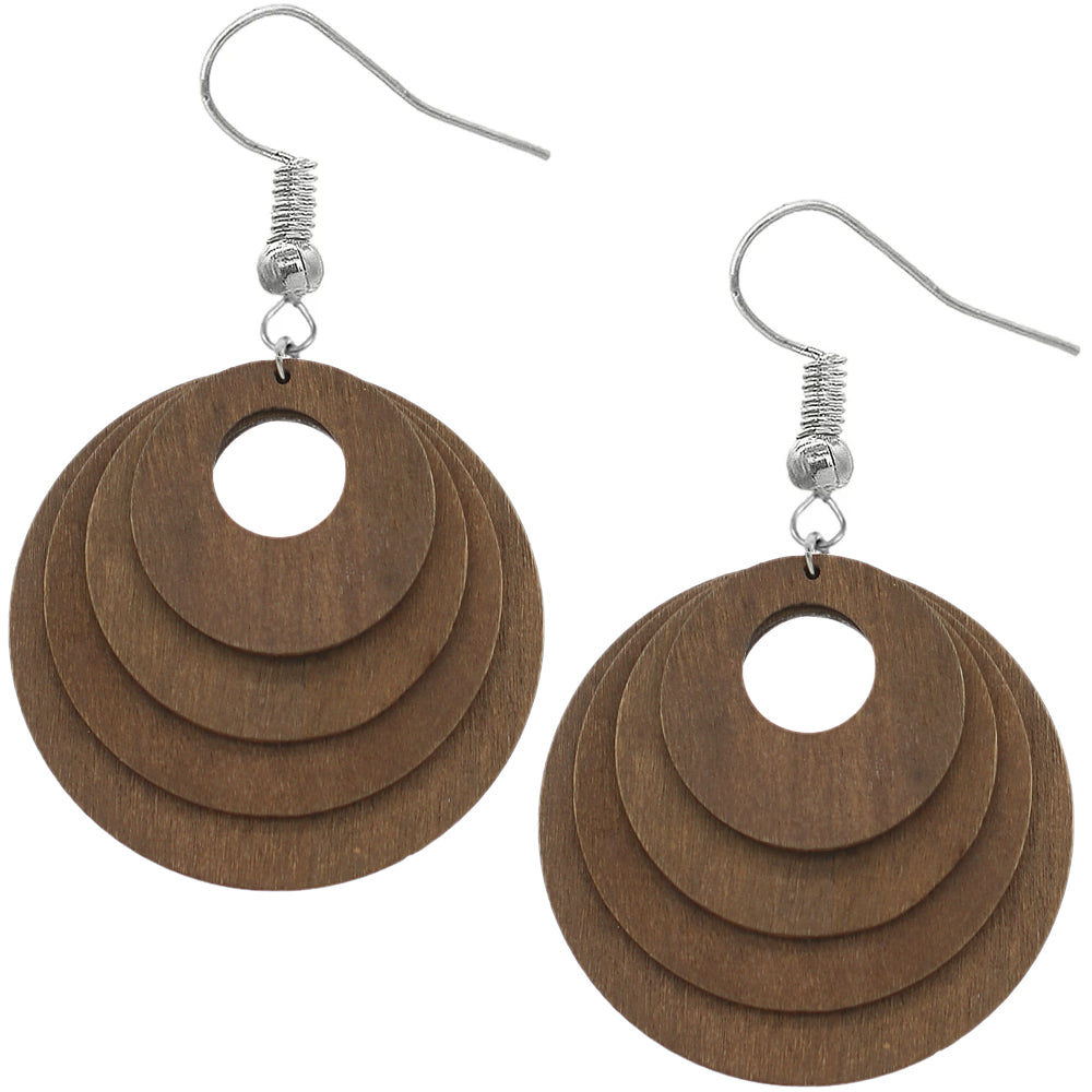 Brown Layered Wooden Dangle Earrings