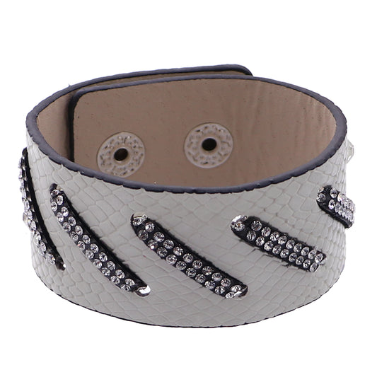 Light Gray Faux Leather Rhinestone Snap Bracelet