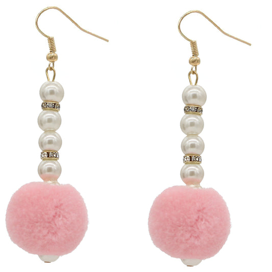Light Pink CZ Faux Pearl Pom Pom Earrings