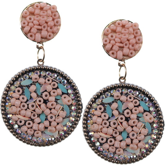 Pastel Pink Seed Bead Round Flat Disc Earrings