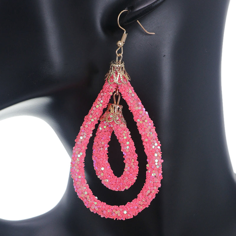 Light Pink Sequin Confetti Double Teardrop Hoop Earrings