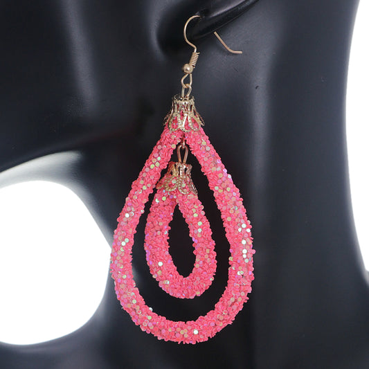 Light Pink Sequin Confetti Double Teardrop Hoop Earrings