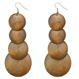 Brown Wooden Round Disc Cascade Earrings