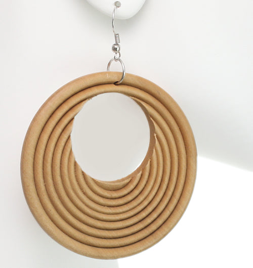 Light Brown Wooden Circular Roll Texture Dangle Earrings
