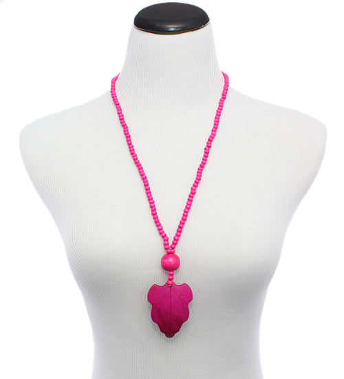Pink Wooden Beaded Leaf Charm Necklace