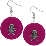 Magenta Pink Skull Wooden Dangle Earrings