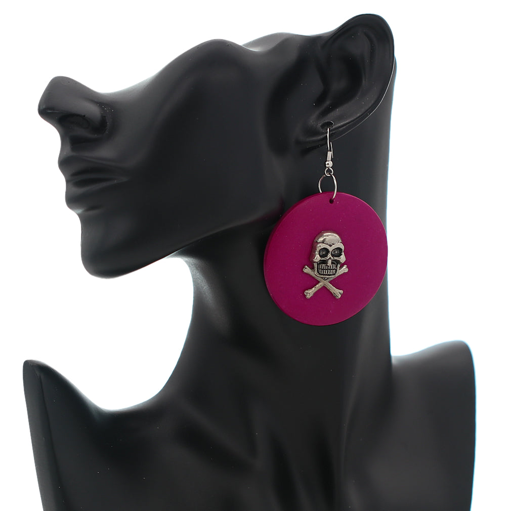 Magenta Pink Skull Wooden Dangle Earrings
