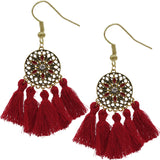 Maroon Tassel Fringe Mandala Dangle Earrings