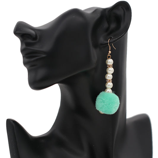 Mint Green CZ Faux Pearl Pom Pom Earrings