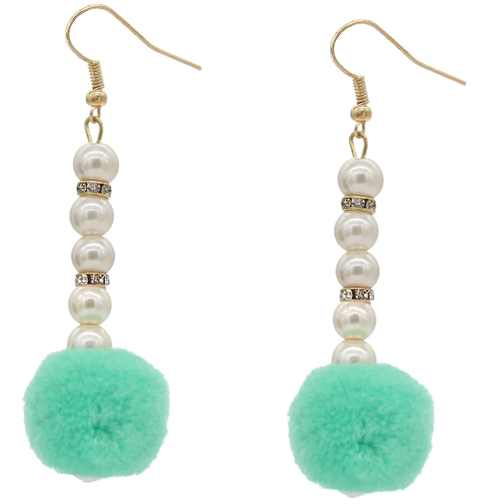 Mint Green CZ Faux Pearl Pom Pom Earrings