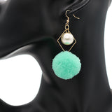 Mint Pom Pom Rhombus Shaped Dangle Earrings