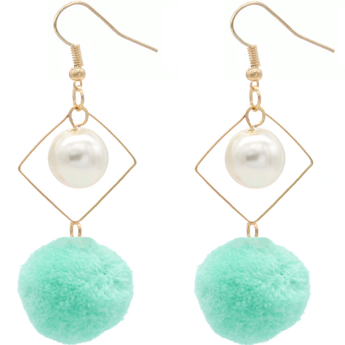 Mint Pom Pom Rhombus Shaped Dangle Earrings