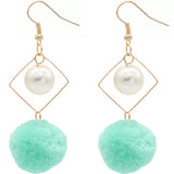 Mint Pom Pom Rhombus Shaped Dangle Earrings