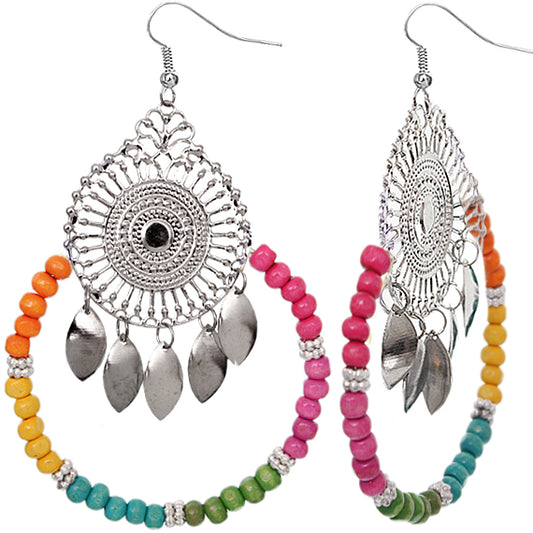 Multicolor Wooden Beaded Dream Catcher Earrings