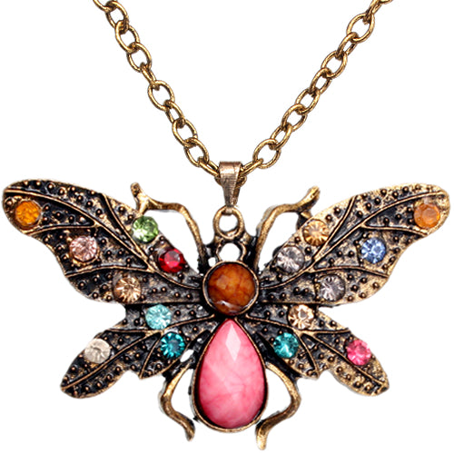 Pink Multicolor Rhinestone Butterfly Charm Chain Necklace