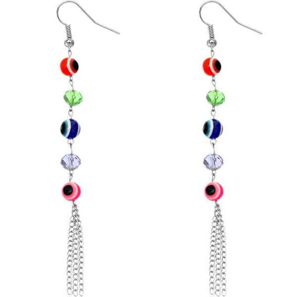 Multicolor Beaded Evil Eye Chain Earrings