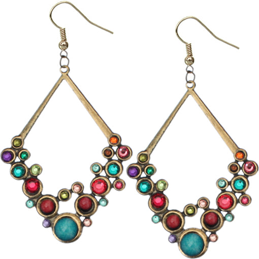 Multicolor Gold Beaded Open Triangle Rhinestone Earrings