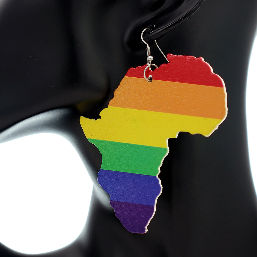 Multicolor Rainbow Africa Map Wooden Earrings