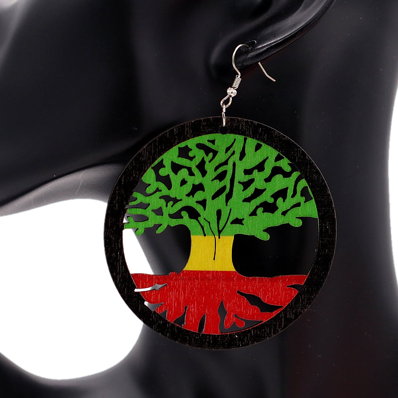 Rasta Multicolor Tree of Life Wooden Earrings