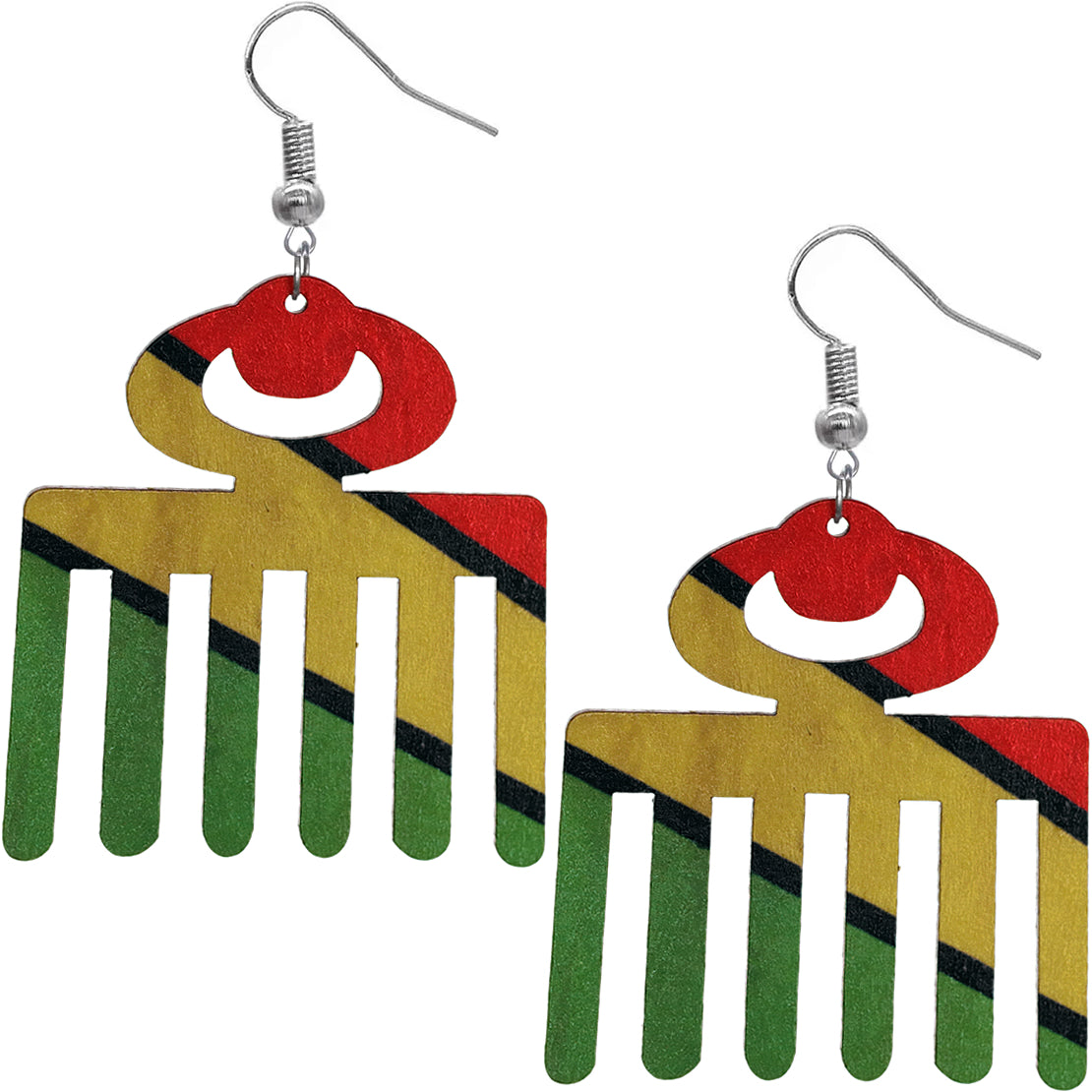 Multicolor Wooden Rasta Hair Pick Dangle Earrings