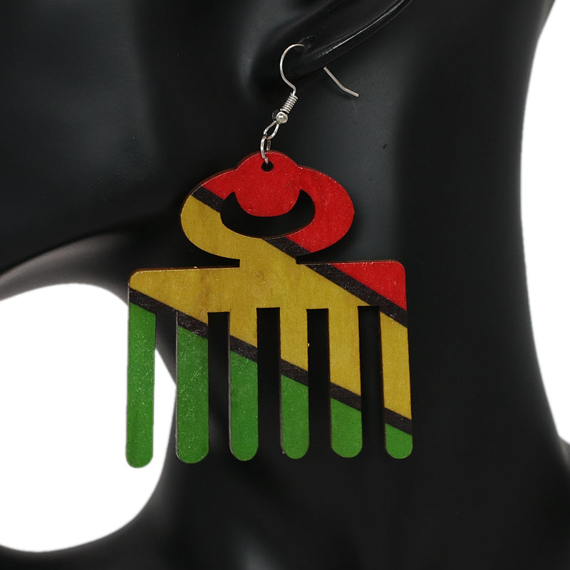 Multicolor Wooden Rasta Hair Pick Dangle Earrings