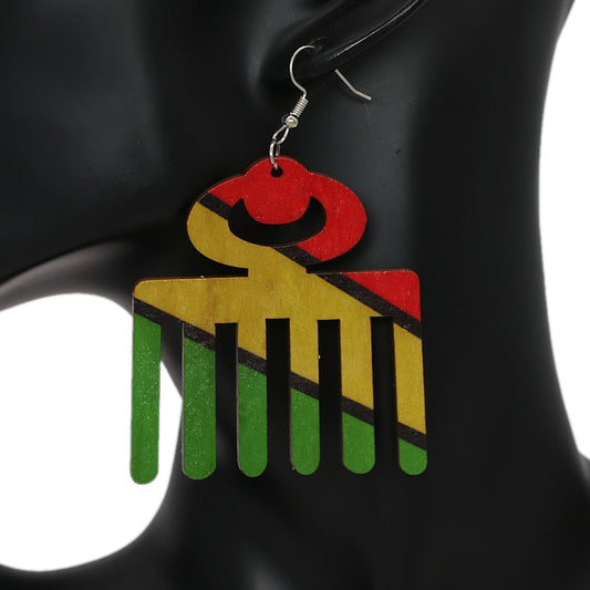 Multicolor Wooden Rasta Hair Pick Dangle Earrings