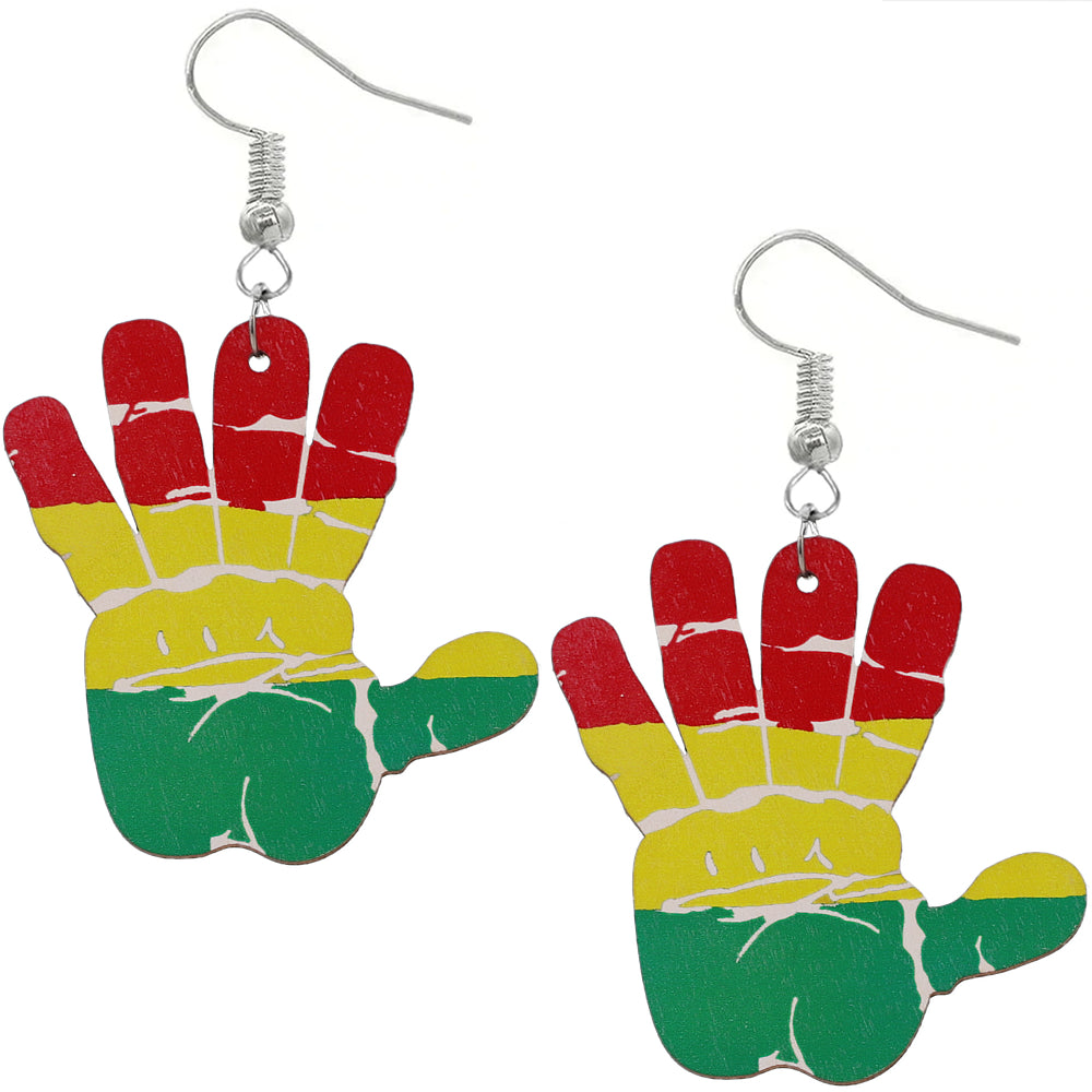 Yellow Multicolor Rasta High Five Hand Wooden Earrings