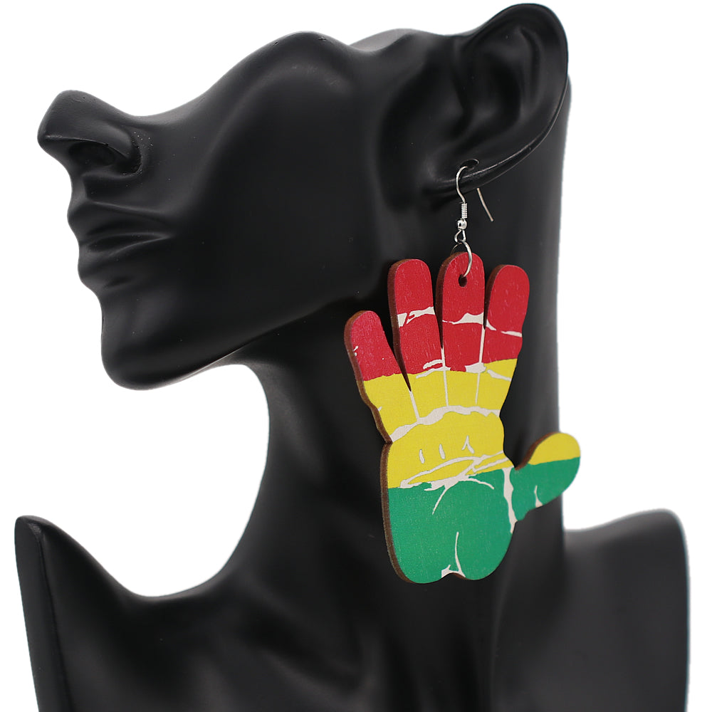 Yellow Multicolor Rasta High Five Hand Wooden Earrings