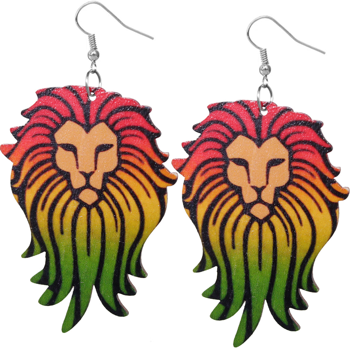 Multicolor Rasta Lion Face Wooden Earrings
