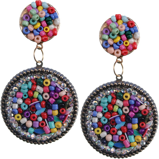 Multicolor Seed Bead Round Flat Disc Earrings