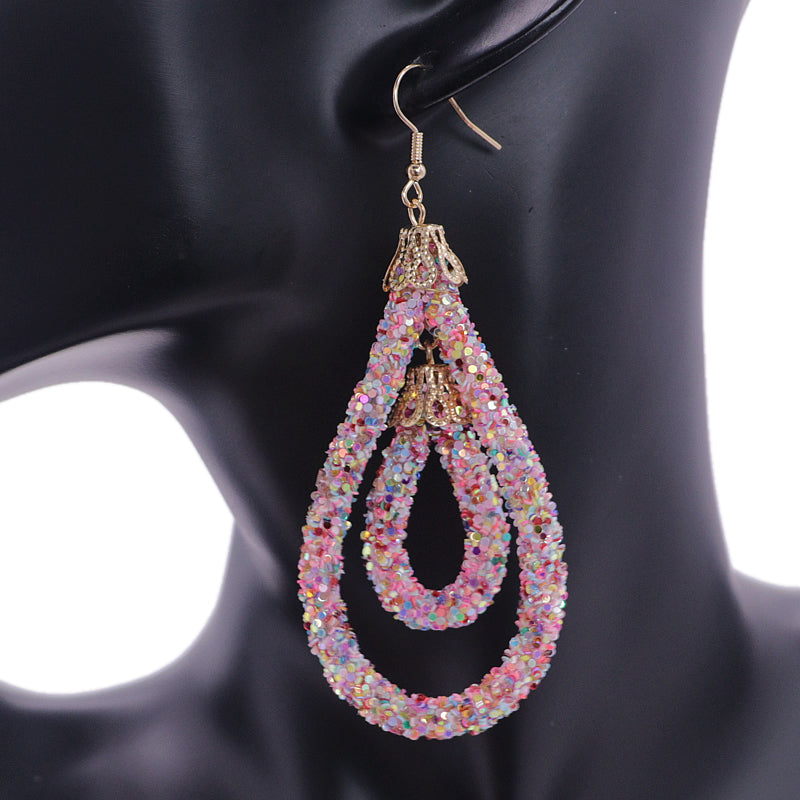 Pink Multicolor Sequin Confetti Double Teardrop Hoop Earrings