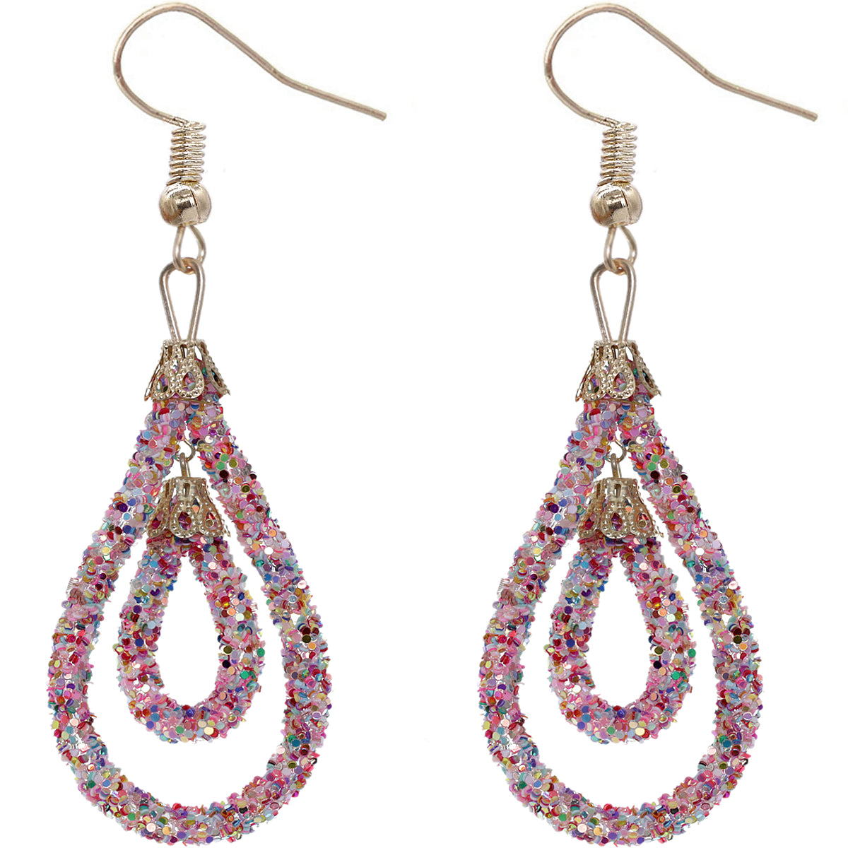 Pink Multicolor Sequin Confetti Double Teardrop Hoop Earrings