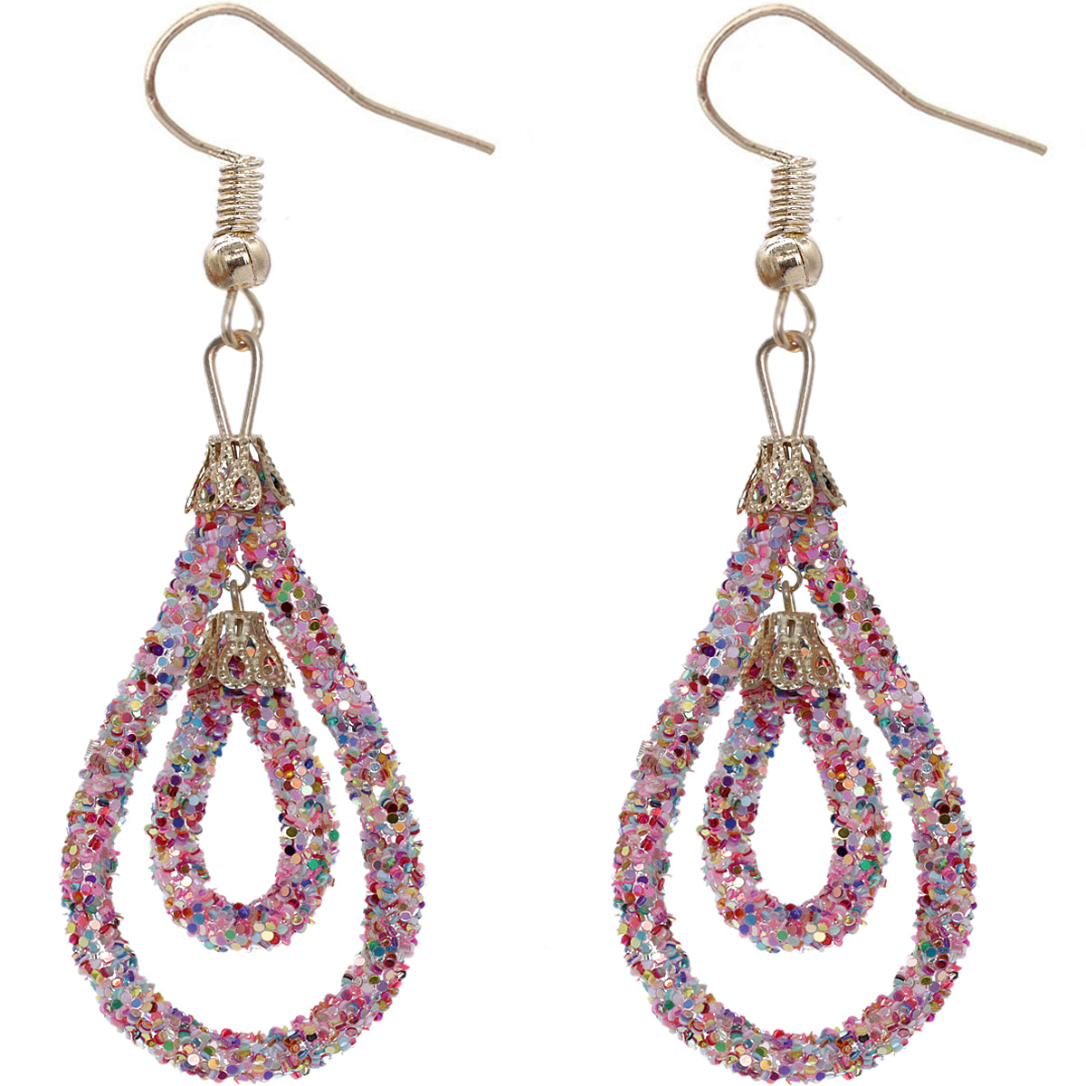 Pink Multicolor Sequin Confetti Double Teardrop Hoop Earrings