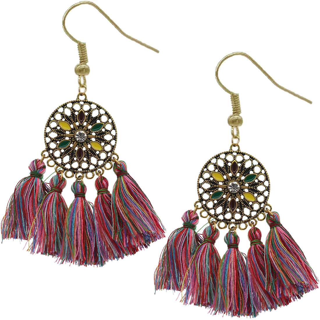 Multicolor Tassel Fringe Mandala Dangle Earrings