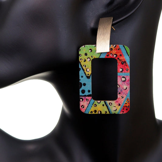 Green Multicolor Rectangle Wooden Spotted Earrings