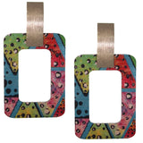 Green Multicolor Rectangle Wooden Spotted Earrings