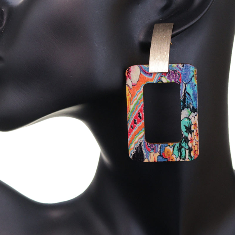 Blue Multicolor Rectangle Wooden Floral Earrings