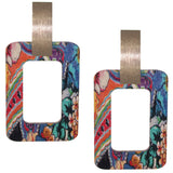 Blue Multicolor Rectangle Wooden Floral Earrings